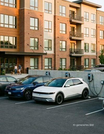 Mehrere Autos laden an Wallboxen ihrer Wohnanlage