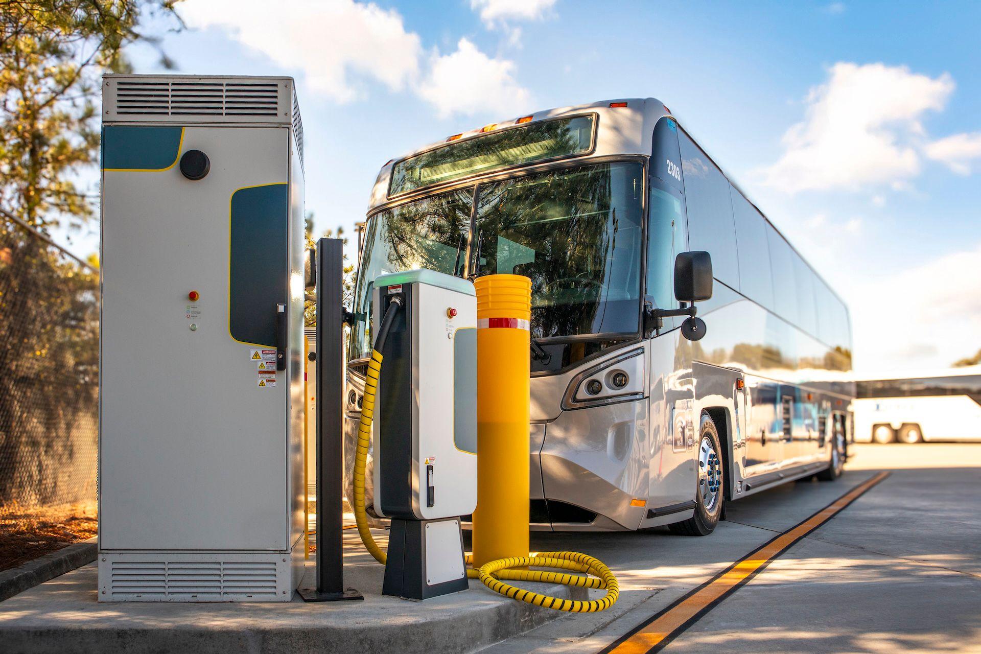 An EV transit bus charging at GRTA with The Mobility House's ChargePilot charge management system