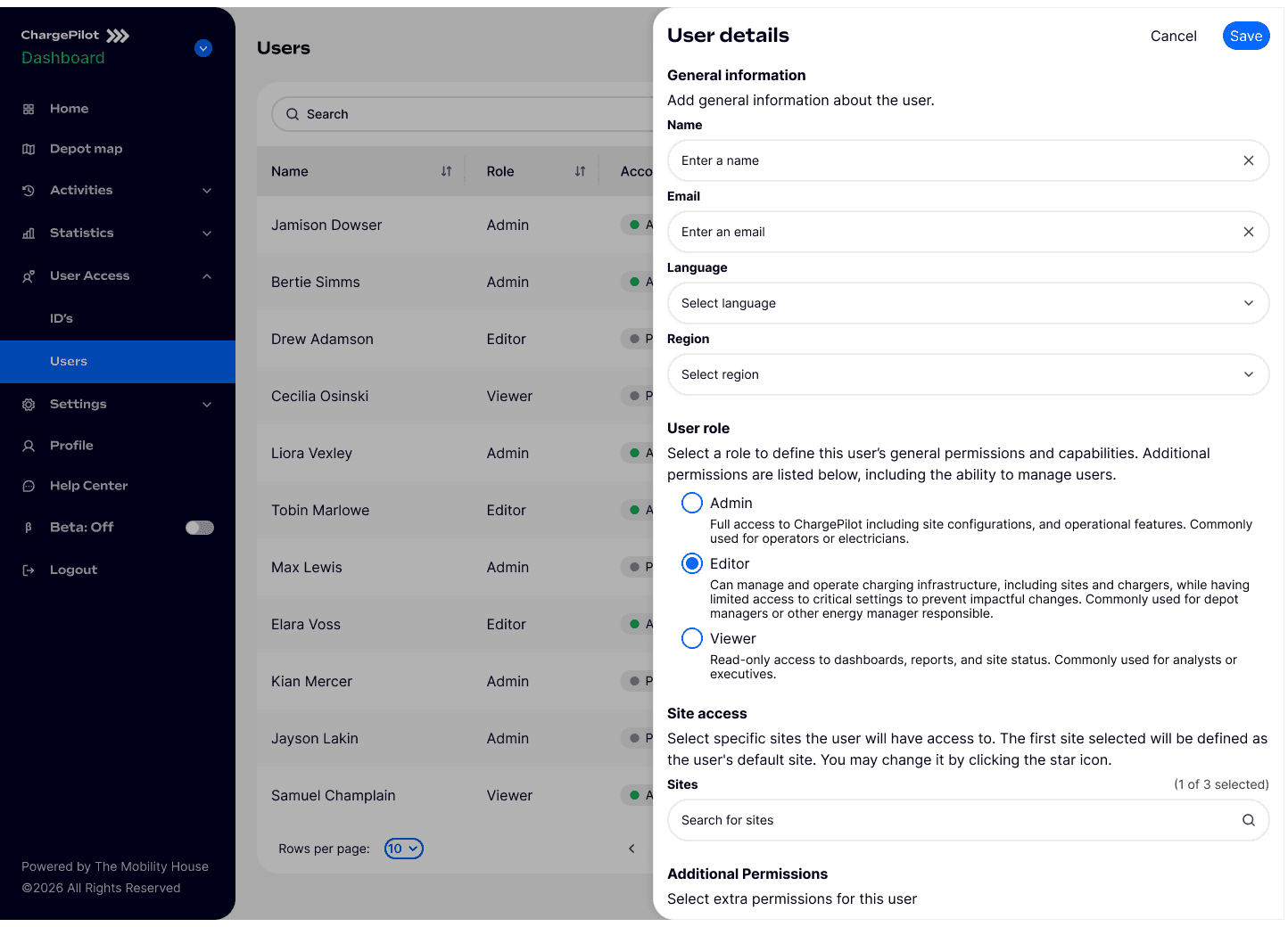 ChargePilot self service user management screen