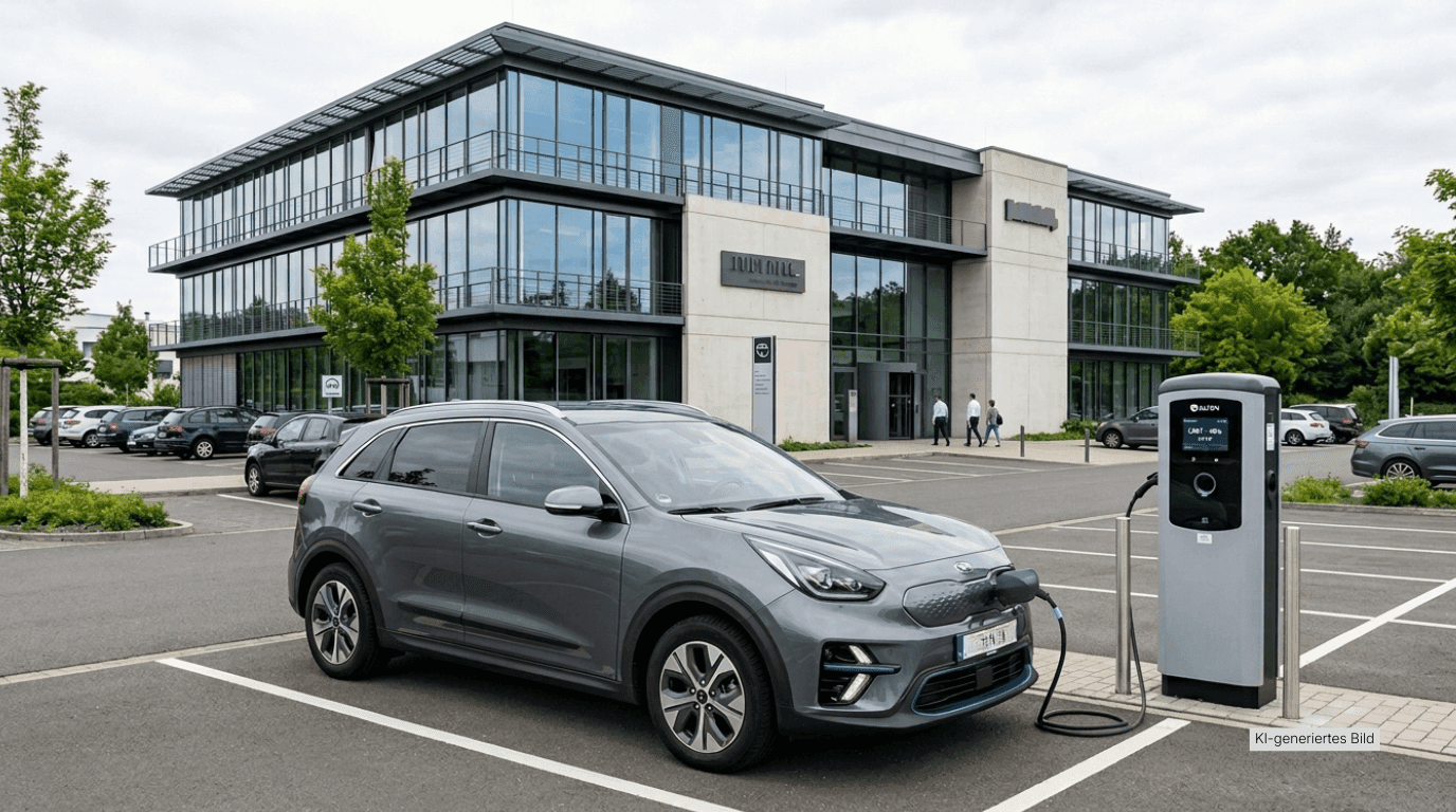E-Auto lädt am Bürogebäude