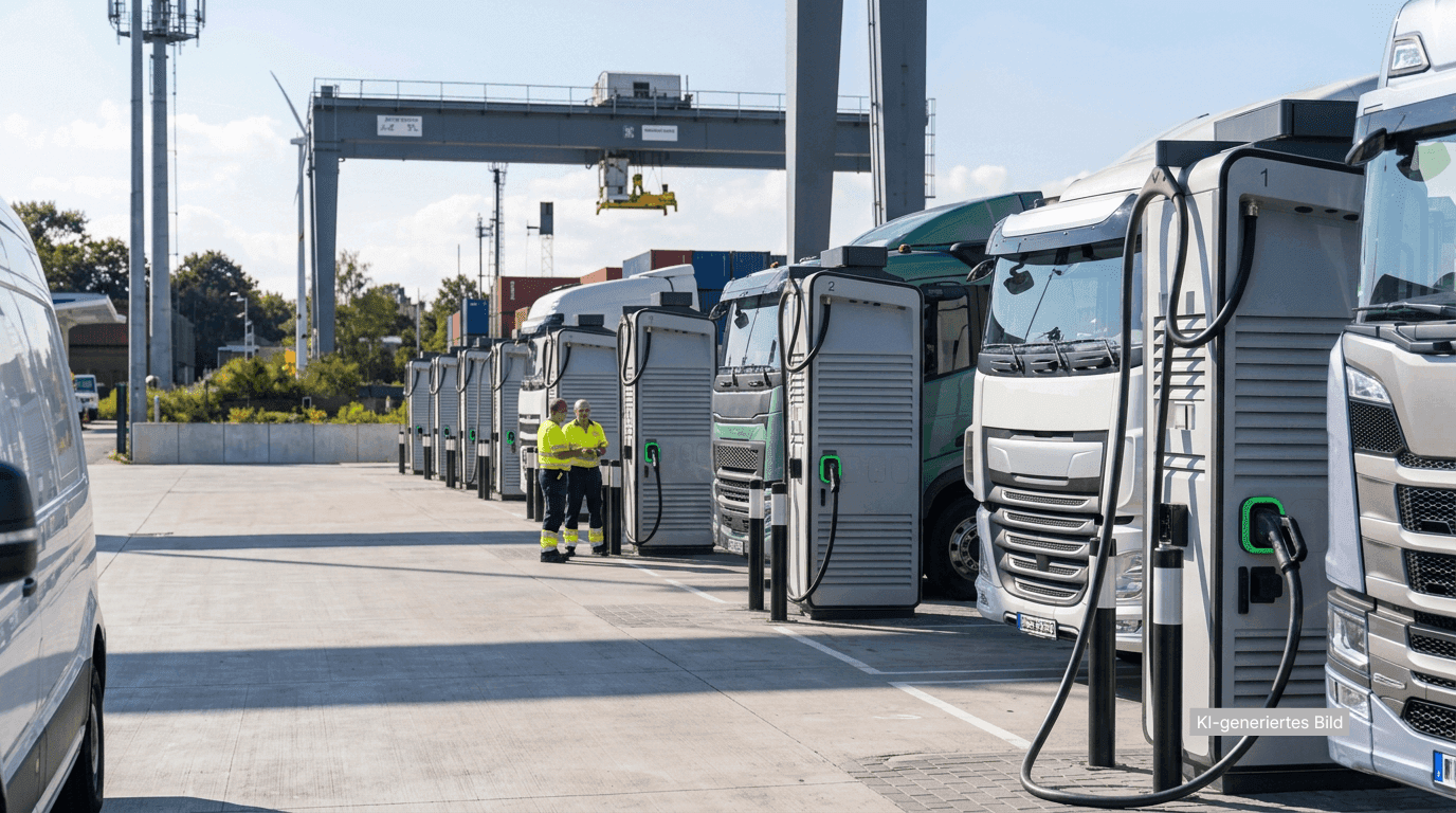 E-Lkw stehen im Depot an Ladesäulen