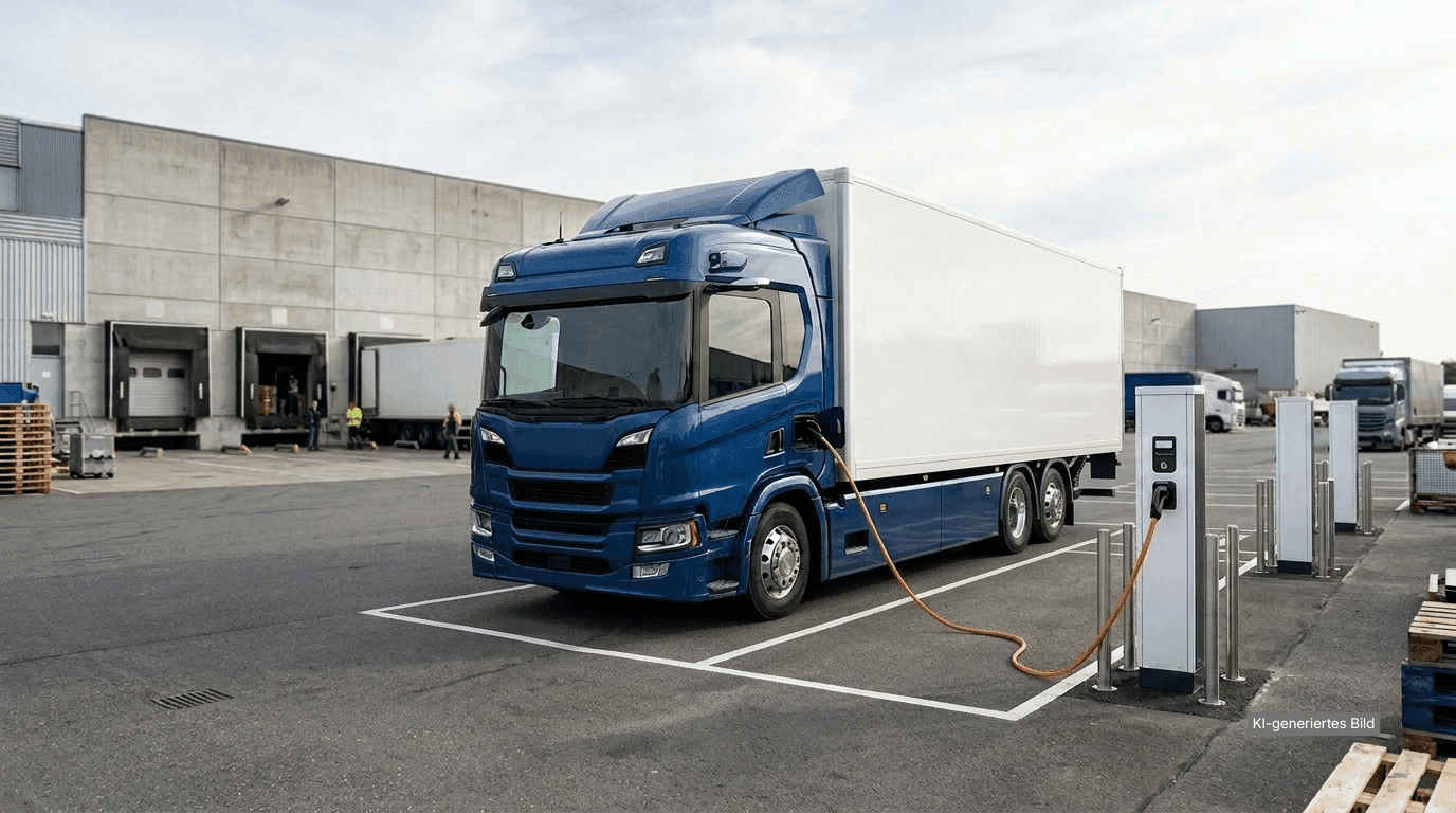 KI-generiertes Bild eines EV-Trucks, der im Depot lädt