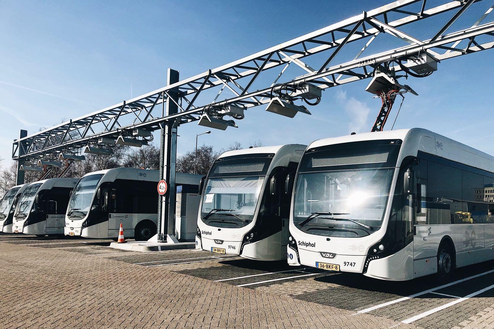 Electric buses from VDL charging at Amsterdam Schiphol airport 