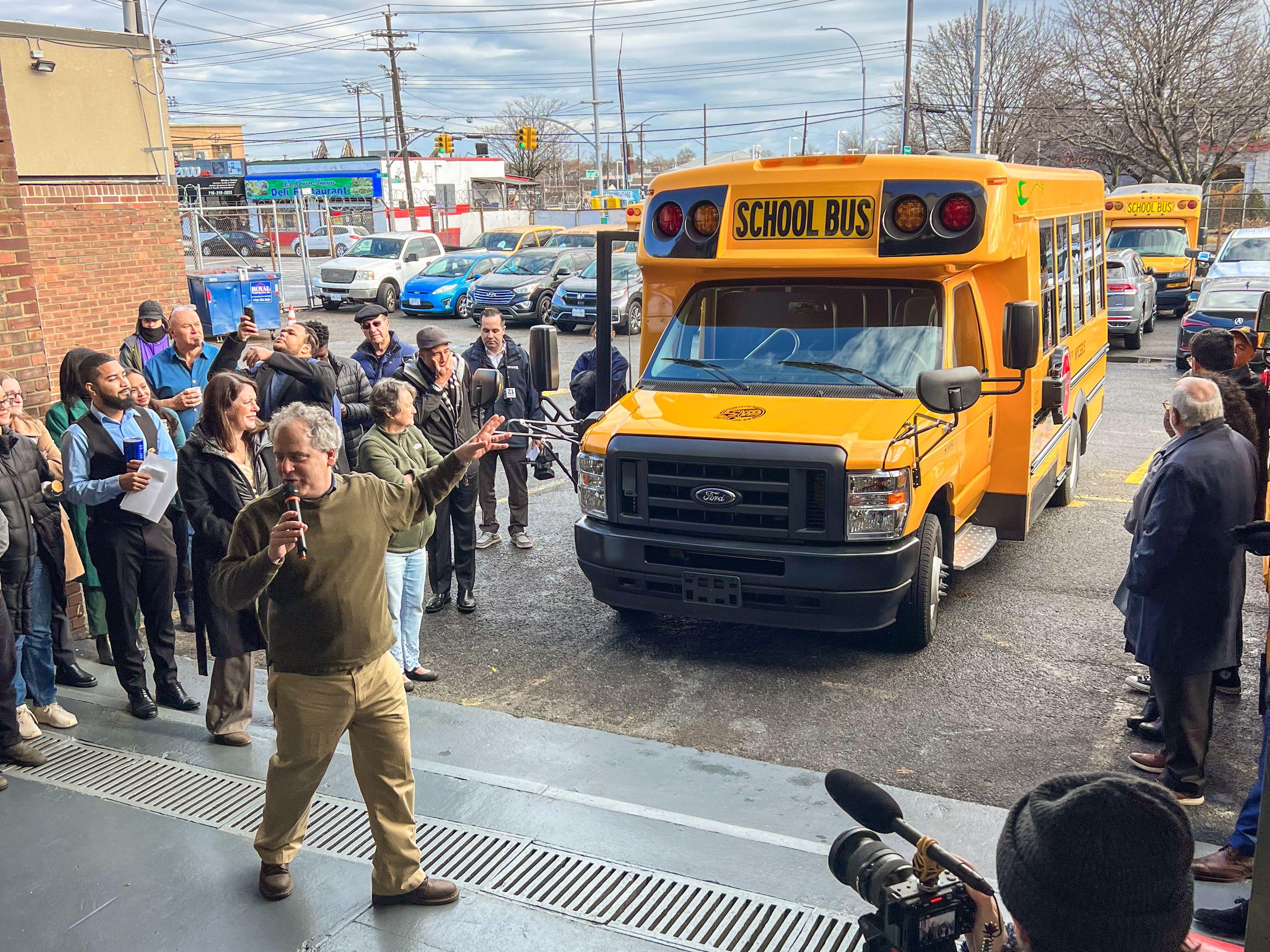 Matt Berlin, CEO of NYCSBUS, speaks on the project during an announcement event at the Zerega depot site.