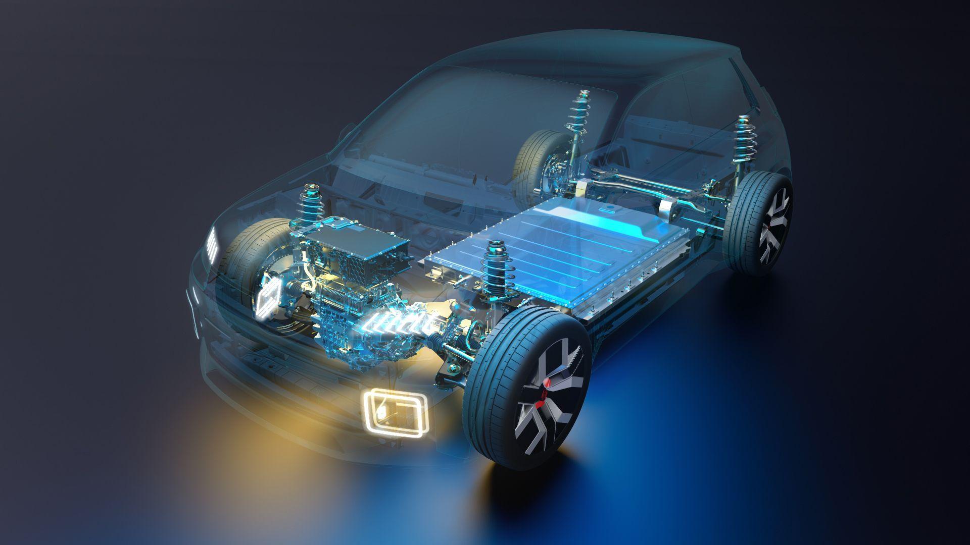 xray of an electric car showing battery and computer components