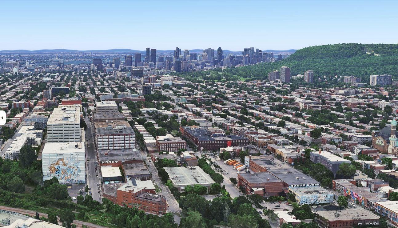 Aerial photo of Mile End Montreal, The Mobility House office building in the bottom left corner.