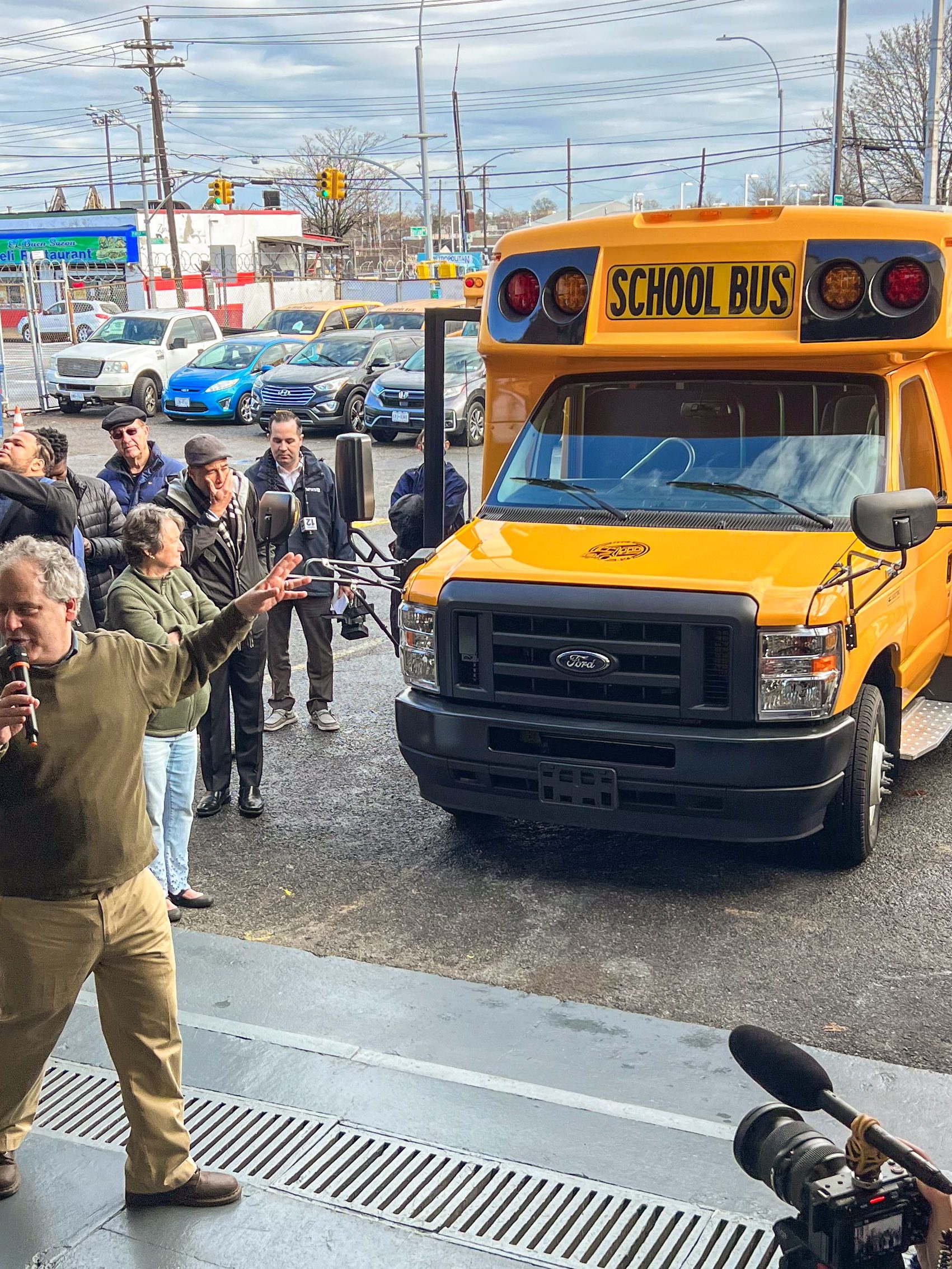 Matt Berlin, CEO of NYCSBUS, speaks on the project during an announcement event at the Zerega depot site.