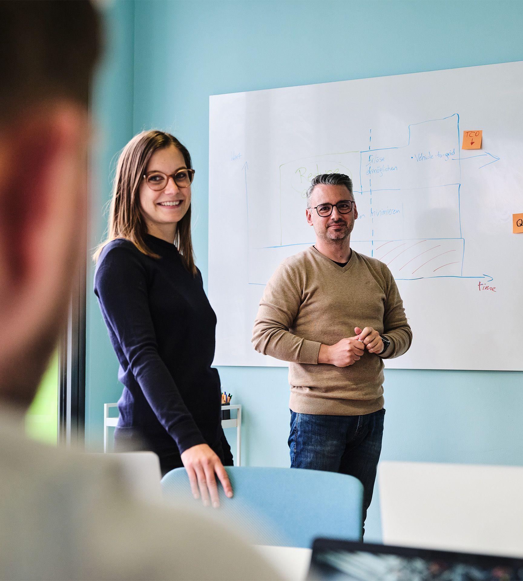 Meetingsituation mit Whiteboard im Hintergrund