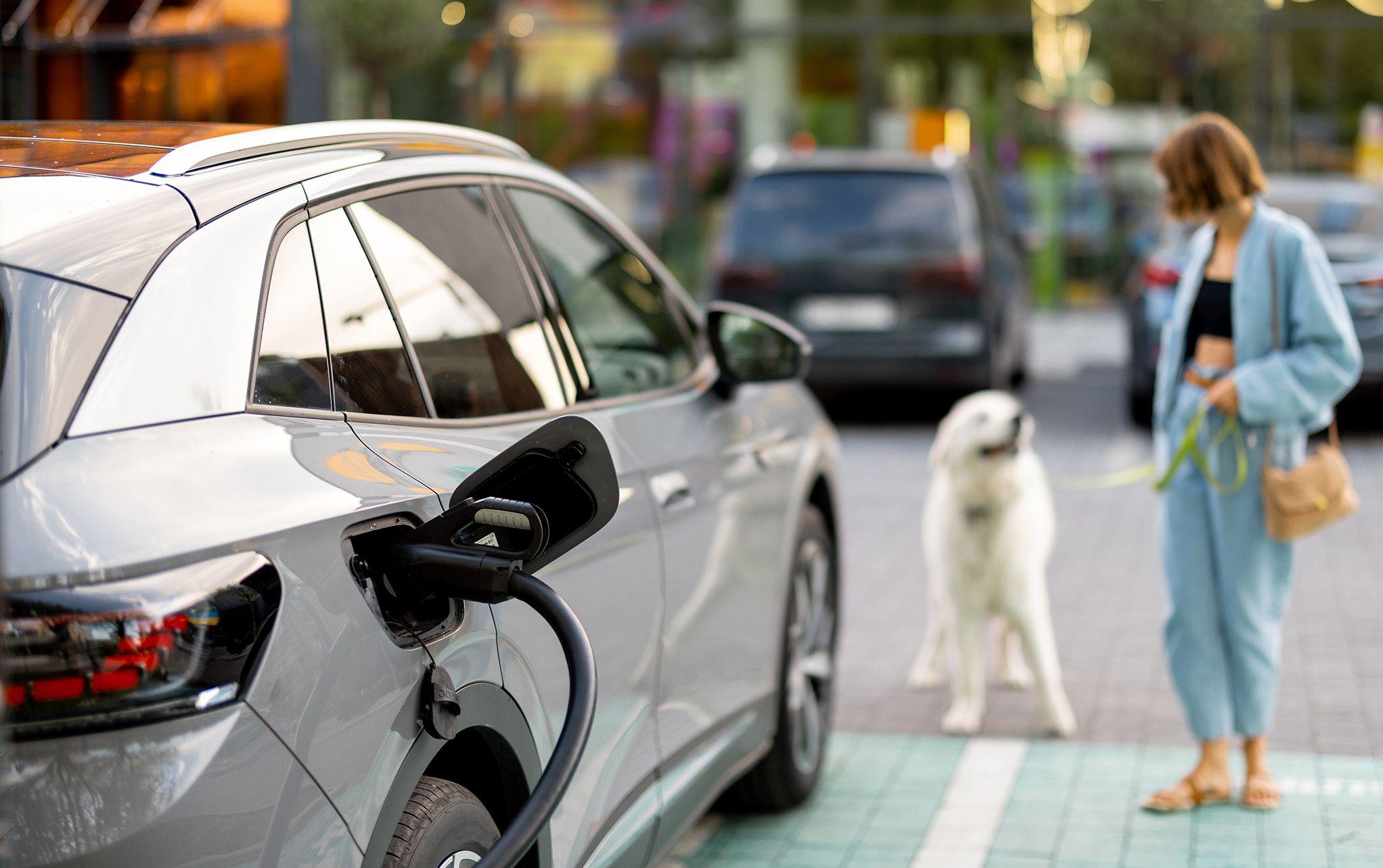 Junge Frau mit Hund an öffentlicher Ladestation