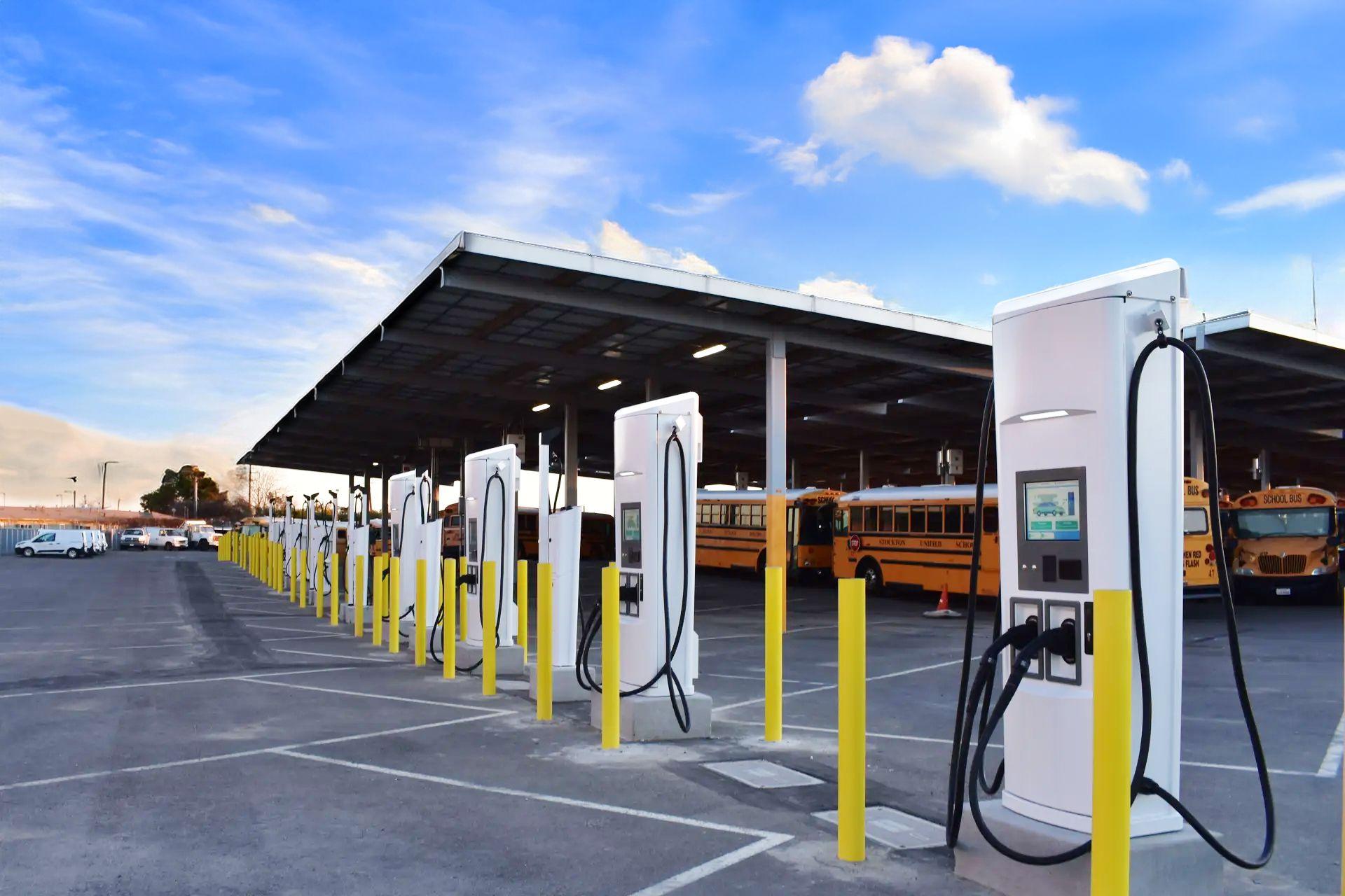 new chargers installed at a school bus depot