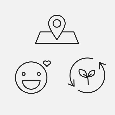 Icons: location - sustainability - happiness
